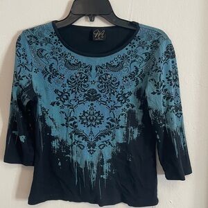 Katina Marie Teal and Black Floral-Print 3/4 Sleeve Tee with Rhinestone Detail